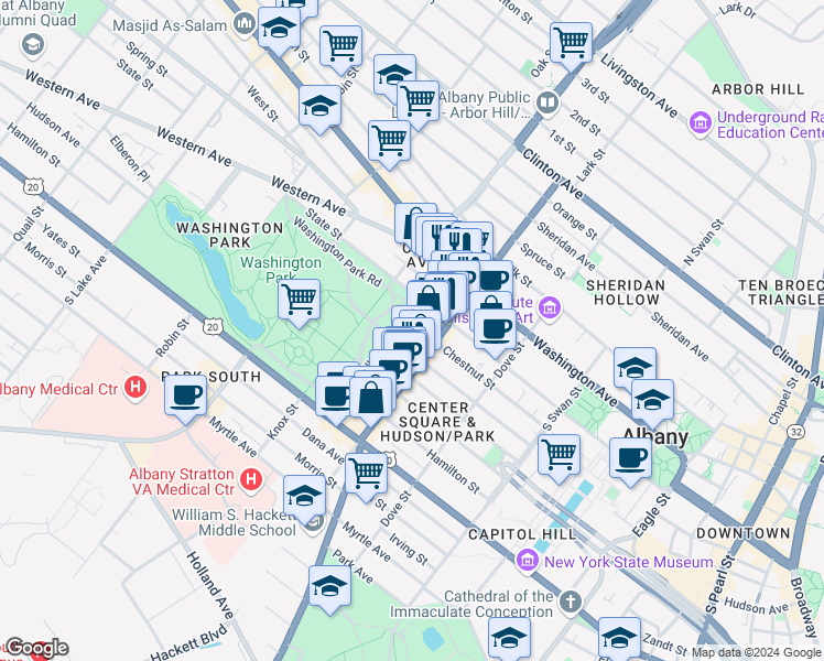 map of restaurants, bars, coffee shops, grocery stores, and more near 235 Lark Street in Albany