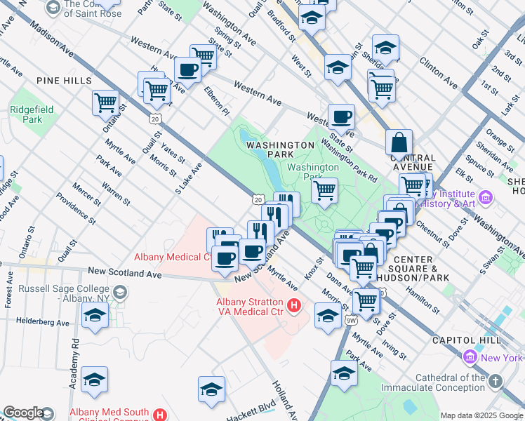 map of restaurants, bars, coffee shops, grocery stores, and more near 161 Dana Avenue in Albany