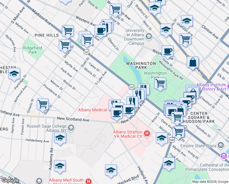 map of restaurants, bars, coffee shops, grocery stores, and more near 229 Morris Street in Albany