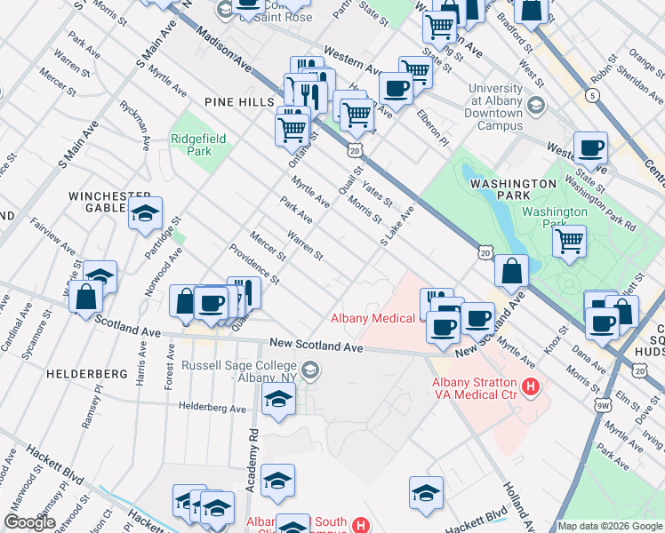 map of restaurants, bars, coffee shops, grocery stores, and more near 528 Warren Street in Albany
