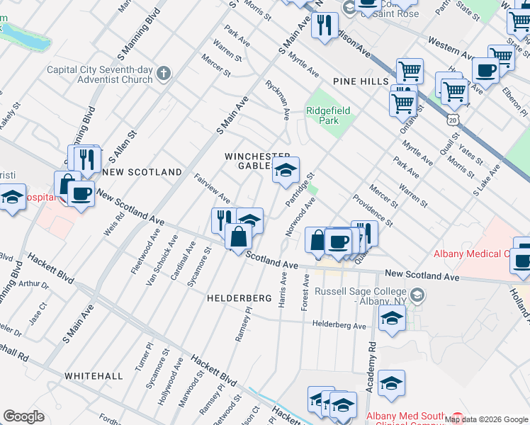 map of restaurants, bars, coffee shops, grocery stores, and more near 26 Parkwood Street in Albany