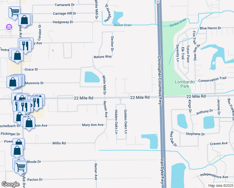 map of restaurants, bars, coffee shops, grocery stores, and more near 49050 Hidden Woods Lane in Shelby Township