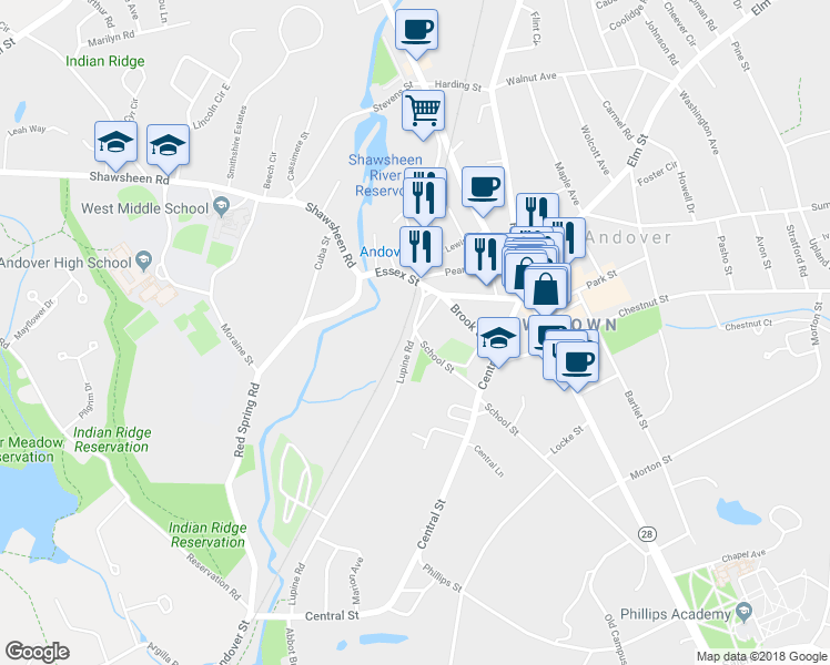 map of restaurants, bars, coffee shops, grocery stores, and more near 100 School St in Andover