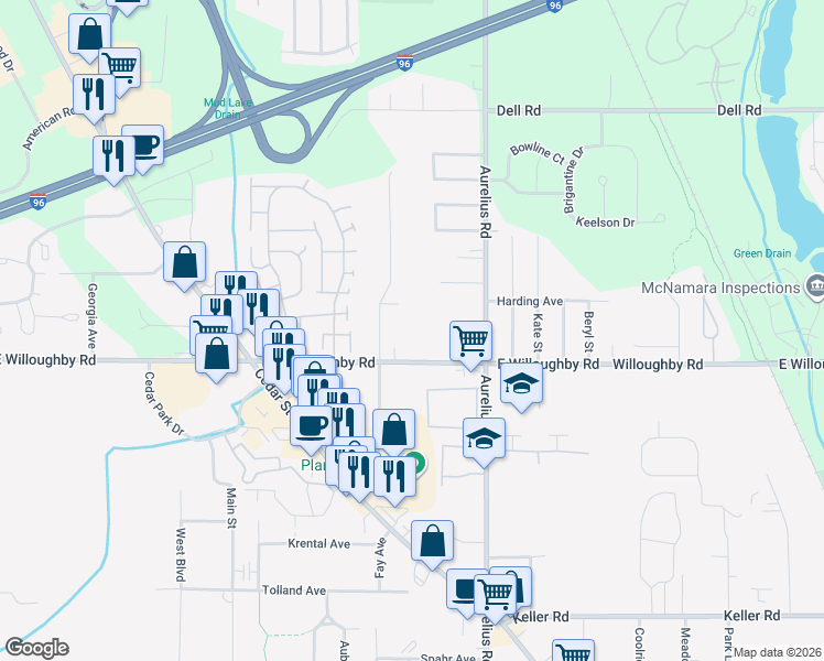 map of restaurants, bars, coffee shops, grocery stores, and more near 1823 East Willoughby Road in Lansing