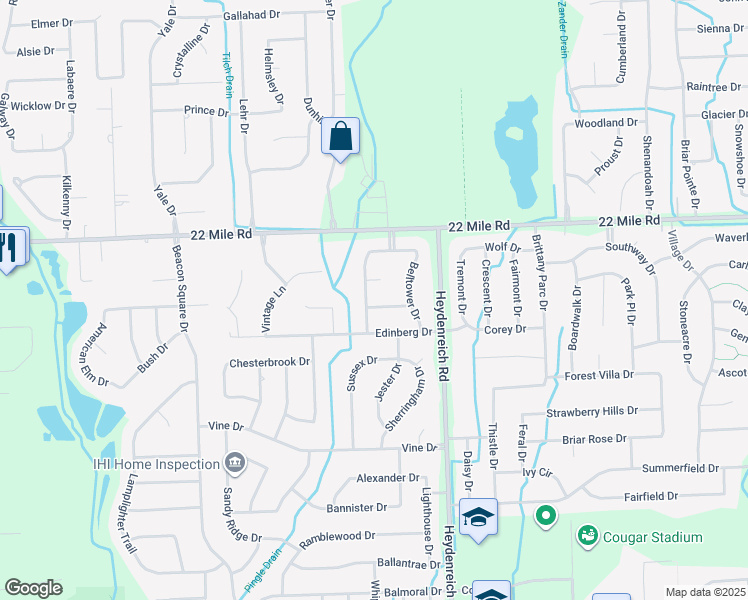 map of restaurants, bars, coffee shops, grocery stores, and more near 48640 Buckingham Drive in Macomb
