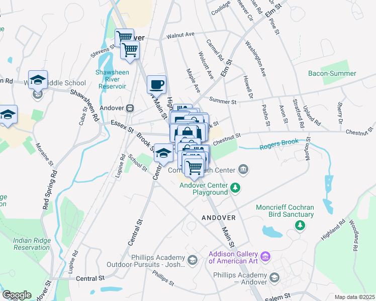 map of restaurants, bars, coffee shops, grocery stores, and more near 28 Chestnut Street in Andover