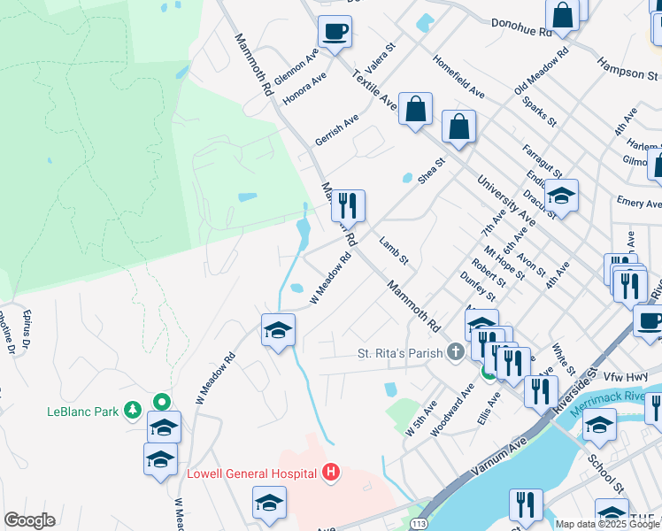 map of restaurants, bars, coffee shops, grocery stores, and more near 30 West Meadow Road in Lowell