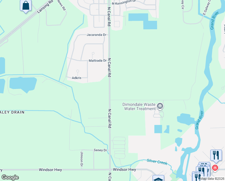 map of restaurants, bars, coffee shops, grocery stores, and more near 6072 North Canal Road in Windsor charter Township