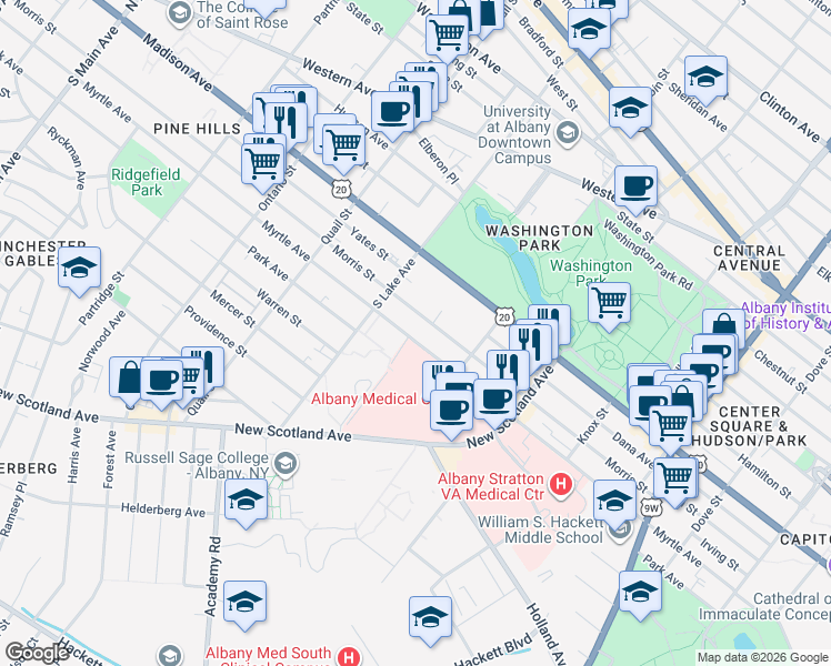 map of restaurants, bars, coffee shops, grocery stores, and more near 479 Myrtle Avenue in Albany