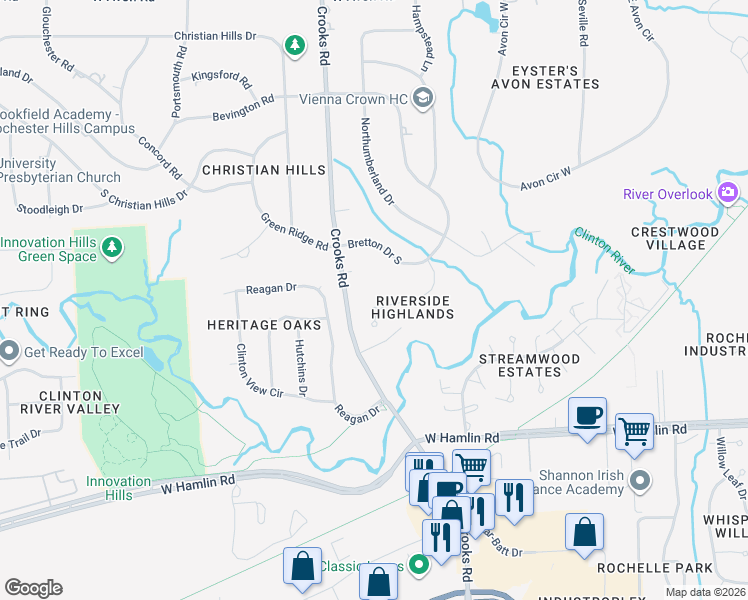 map of restaurants, bars, coffee shops, grocery stores, and more near 1878 Ludgate Lane in Rochester Hills