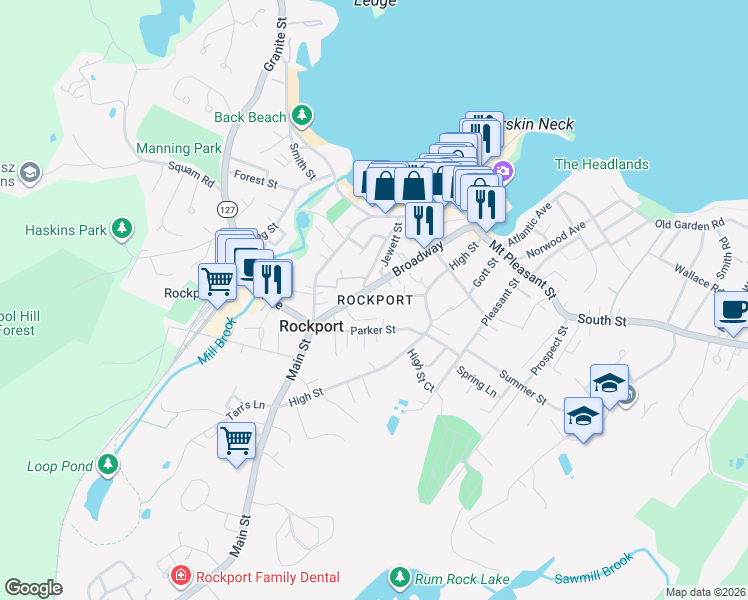 map of restaurants, bars, coffee shops, grocery stores, and more near in Rockport