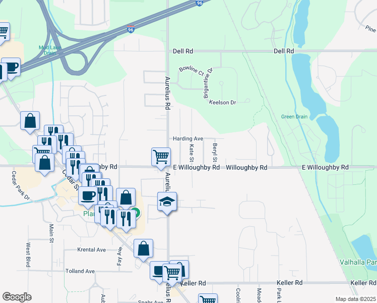 map of restaurants, bars, coffee shops, grocery stores, and more near 2533 Kate Street in Delhi charter Township
