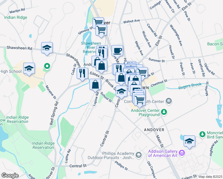 map of restaurants, bars, coffee shops, grocery stores, and more near 10 Brook Street in Andover