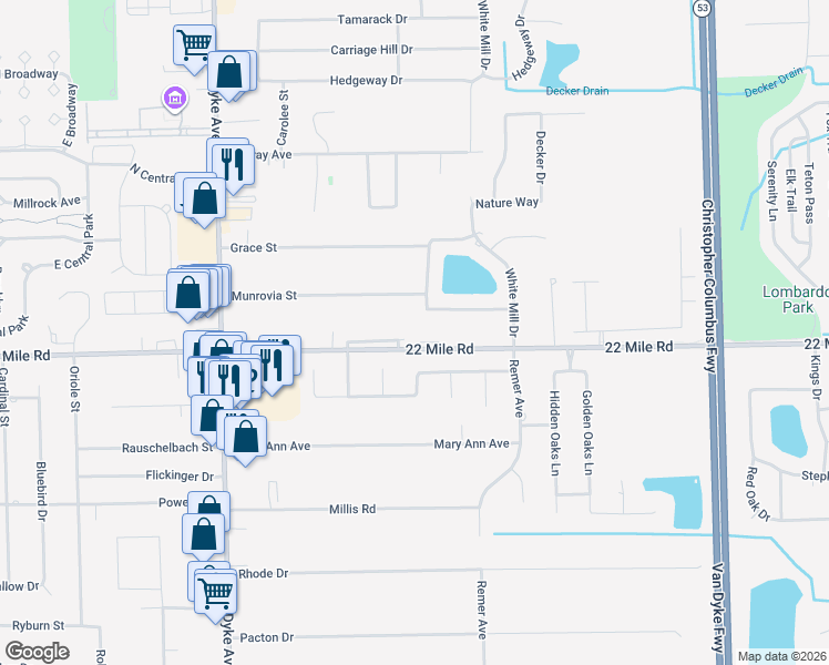 map of restaurants, bars, coffee shops, grocery stores, and more near 8787 22 Mile Road in Macomb County