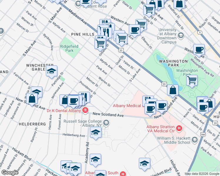 map of restaurants, bars, coffee shops, grocery stores, and more near 528 Warren Street in Albany