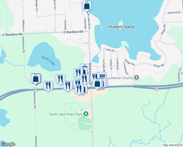 map of restaurants, bars, coffee shops, grocery stores, and more near 1630 Duck Lake Road North in Highland Charter Township
