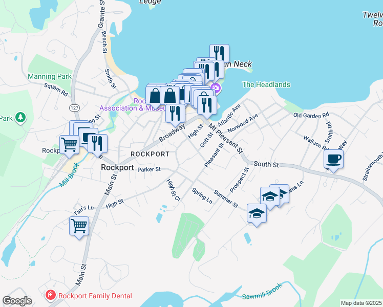 map of restaurants, bars, coffee shops, grocery stores, and more near 34-36 School Street in Rockport