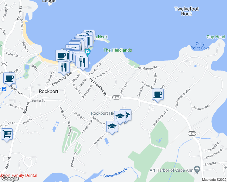 map of restaurants, bars, coffee shops, grocery stores, and more near 9 Marbee Road in Rockport