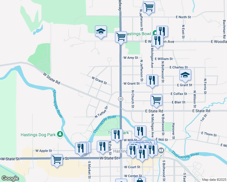 map of restaurants, bars, coffee shops, grocery stores, and more near 328 West Colfax Street in Hastings