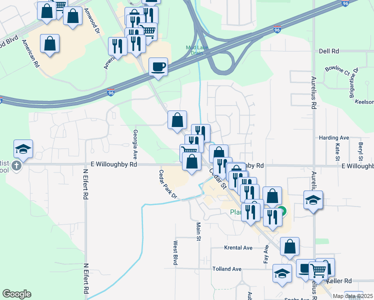 map of restaurants, bars, coffee shops, grocery stores, and more near 7016 South Cedar Street in Lansing