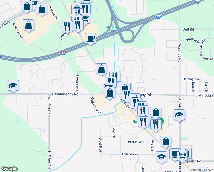 map of restaurants, bars, coffee shops, grocery stores, and more near 7016 South Cedar Street in Lansing