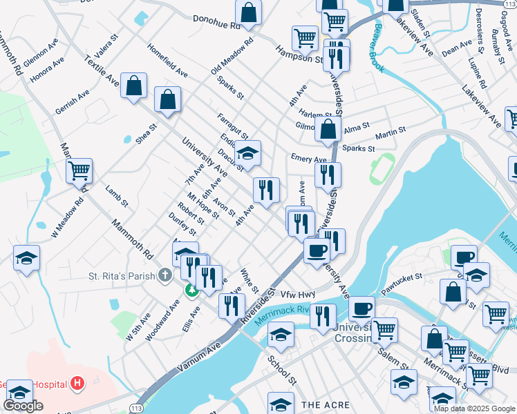map of restaurants, bars, coffee shops, grocery stores, and more near 178 University Avenue in Lowell