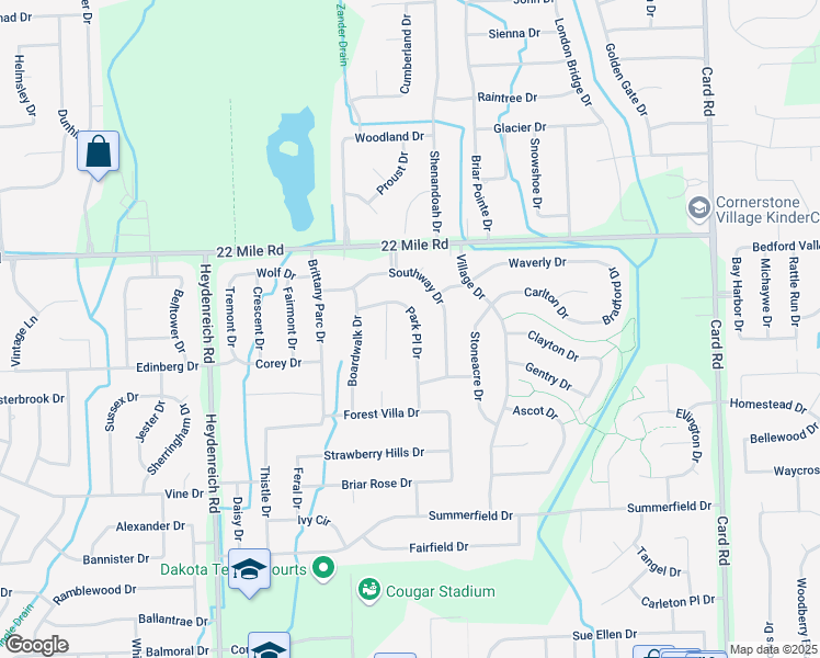 map of restaurants, bars, coffee shops, grocery stores, and more near 48671 Park Place Drive in Macomb