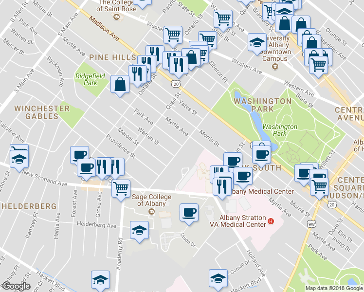 map of restaurants, bars, coffee shops, grocery stores, and more near Park Avenue & South Lake Avenue in Albany