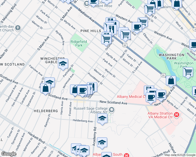 map of restaurants, bars, coffee shops, grocery stores, and more near 606 Providence Street in Albany