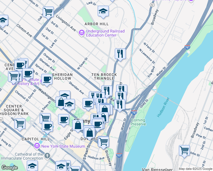 map of restaurants, bars, coffee shops, grocery stores, and more near 15 Ten Broeck Street in Albany
