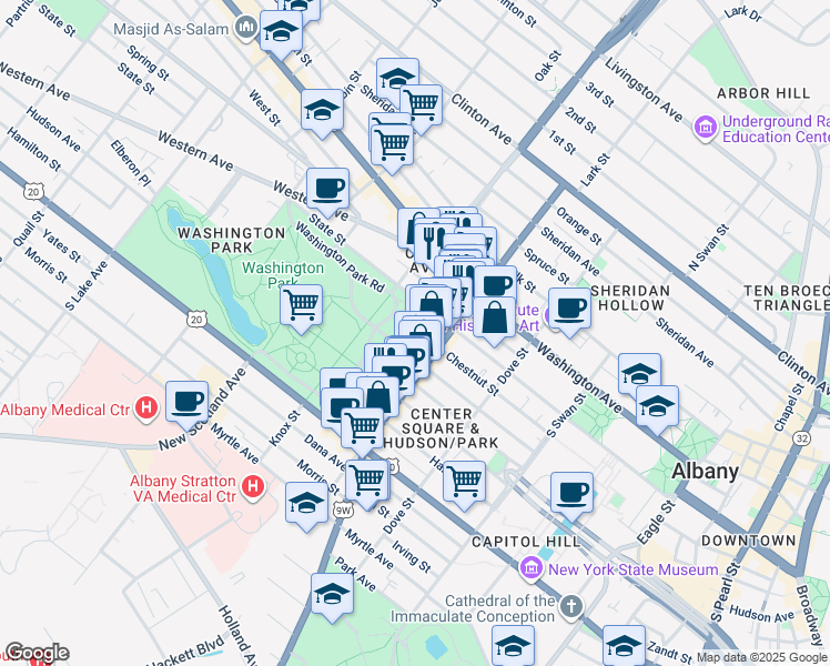 map of restaurants, bars, coffee shops, grocery stores, and more near 235 Lark Street in Albany