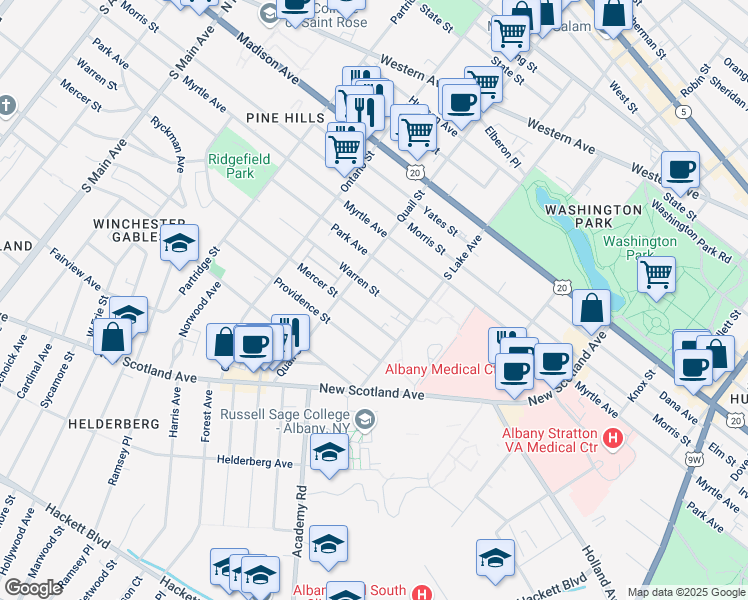 map of restaurants, bars, coffee shops, grocery stores, and more near 528 Warren Street in Albany