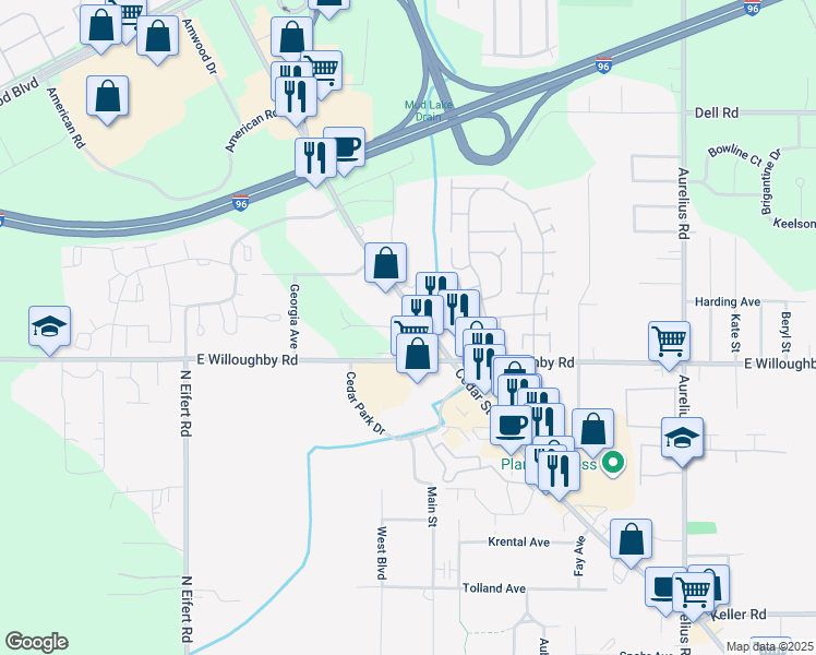 map of restaurants, bars, coffee shops, grocery stores, and more near 7050 South Cedar Street in Lansing