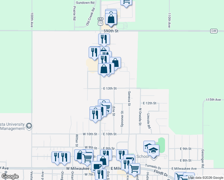 map of restaurants, bars, coffee shops, grocery stores, and more near 1328 Erie Street in Storm Lake