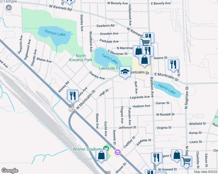 map of restaurants, bars, coffee shops, grocery stores, and more near 178 High Street in Pontiac