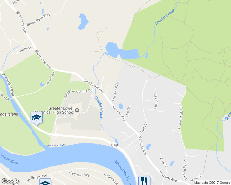 map of restaurants, bars, coffee shops, grocery stores, and more near 40 Constance Drive in Lowell