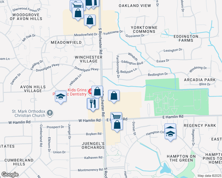 map of restaurants, bars, coffee shops, grocery stores, and more near 1775 South Rochester Road in Rochester Hills