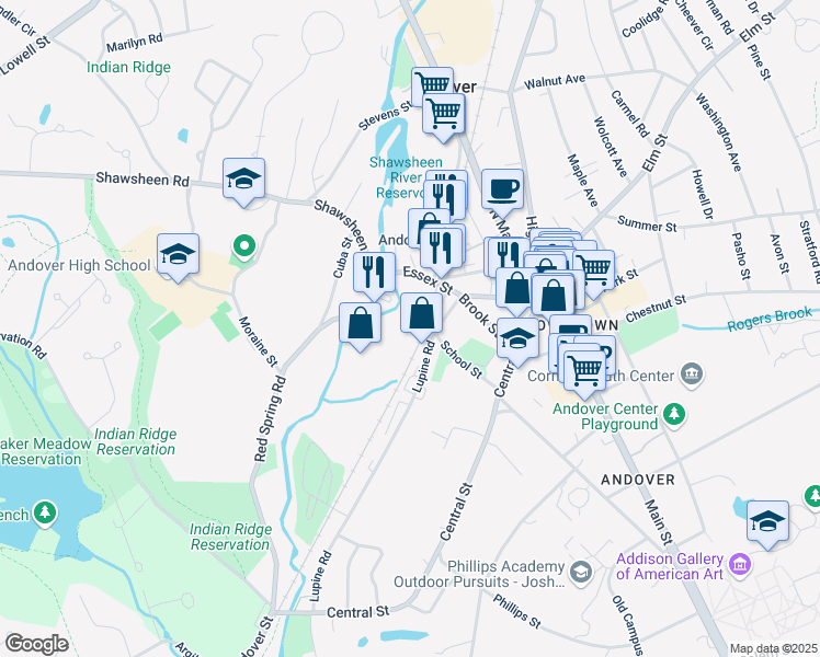 map of restaurants, bars, coffee shops, grocery stores, and more near 1 Dundee Park Drive in Andover
