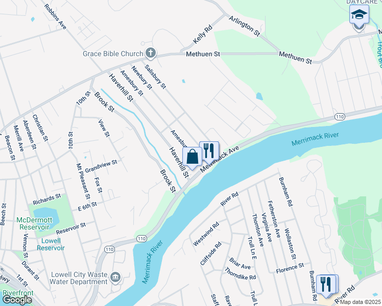map of restaurants, bars, coffee shops, grocery stores, and more near 16 Amesbury Street in Dracut