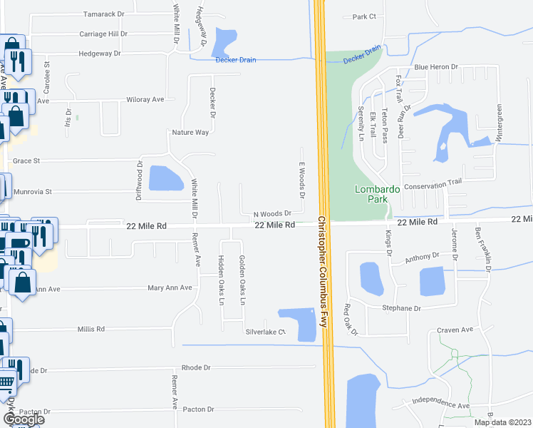 map of restaurants, bars, coffee shops, grocery stores, and more near 11355 North Woods Drive in Shelby charter Township