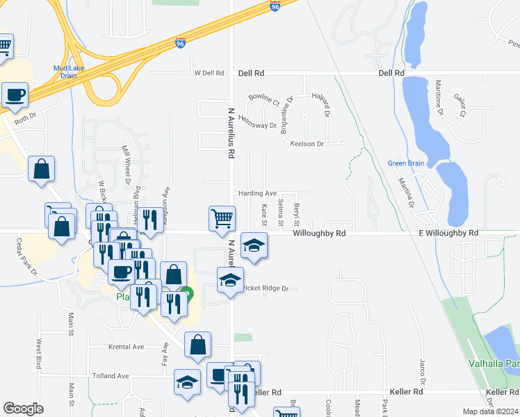 map of restaurants, bars, coffee shops, grocery stores, and more near 2535 Kate Street in Delhi charter Township