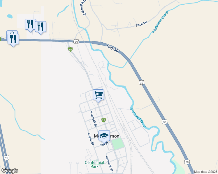 map of restaurants, bars, coffee shops, grocery stores, and more near 111 South Railroad Avenue in Pocatello