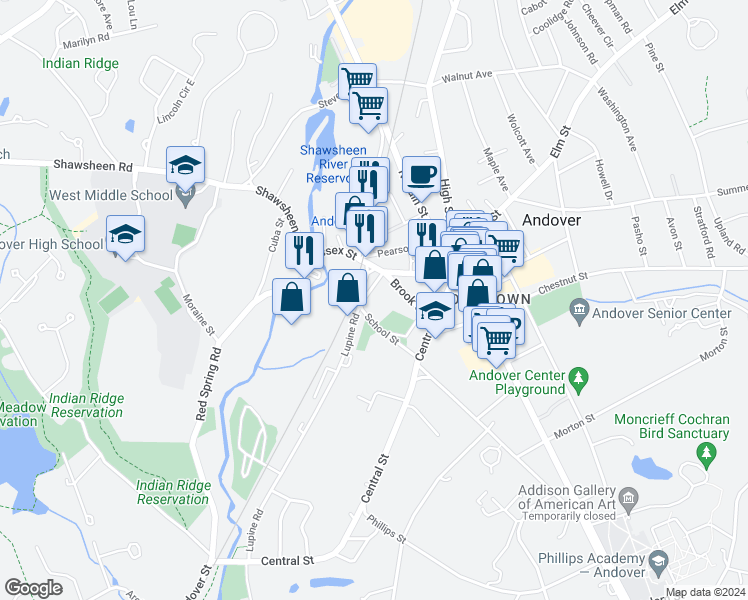 map of restaurants, bars, coffee shops, grocery stores, and more near 98 School Street in Andover