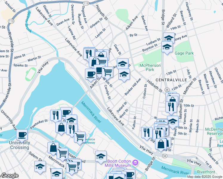 map of restaurants, bars, coffee shops, grocery stores, and more near 60 Carolyn Street in Lowell