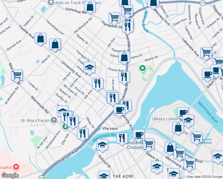 map of restaurants, bars, coffee shops, grocery stores, and more near 57 Woodcock Street in Lowell