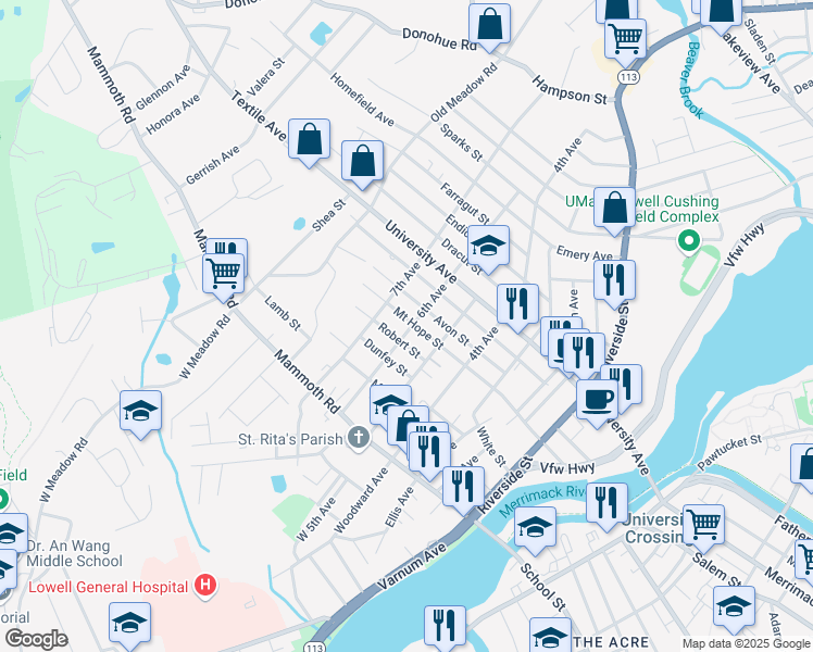 map of restaurants, bars, coffee shops, grocery stores, and more near 216 Mount Hope Street in Lowell