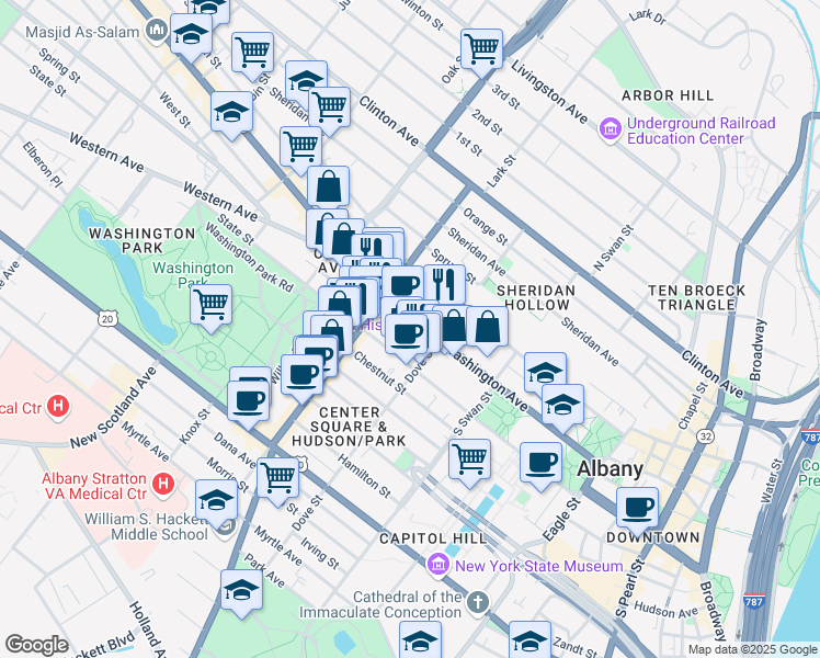 map of restaurants, bars, coffee shops, grocery stores, and more near 18 Spring Street in Albany