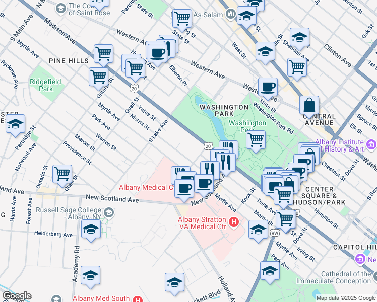 map of restaurants, bars, coffee shops, grocery stores, and more near 229 Morris Street in Albany
