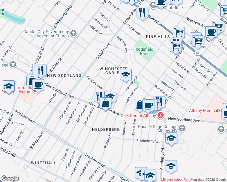 map of restaurants, bars, coffee shops, grocery stores, and more near 26 Parkwood Street in Albany
