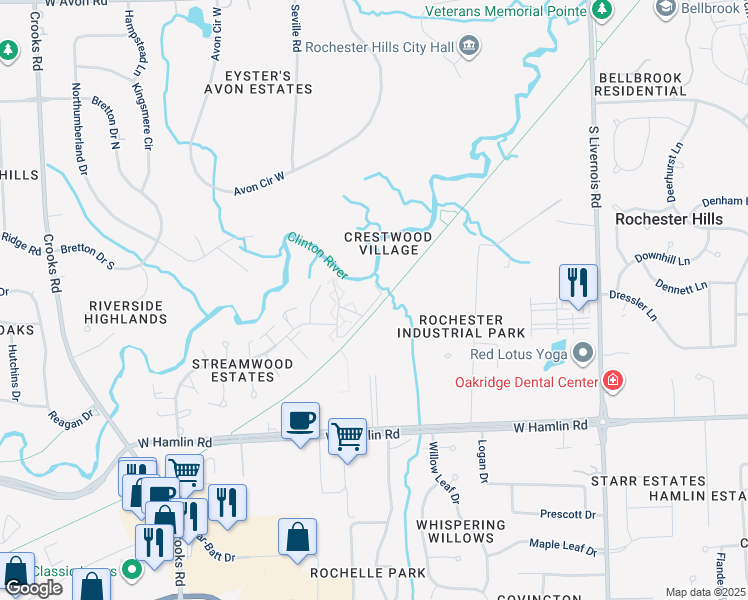 map of restaurants, bars, coffee shops, grocery stores, and more near 1606 Rivers Edge in Rochester Hills